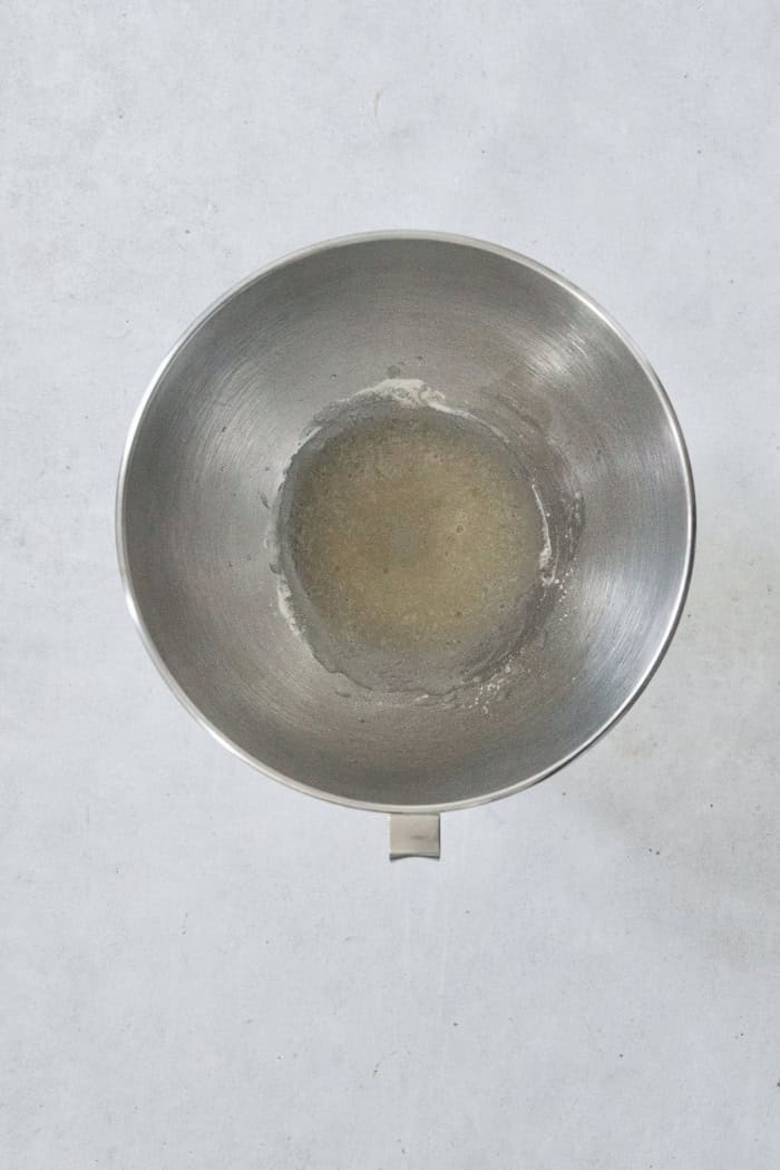 Gelatin blooming in mixing bowl.