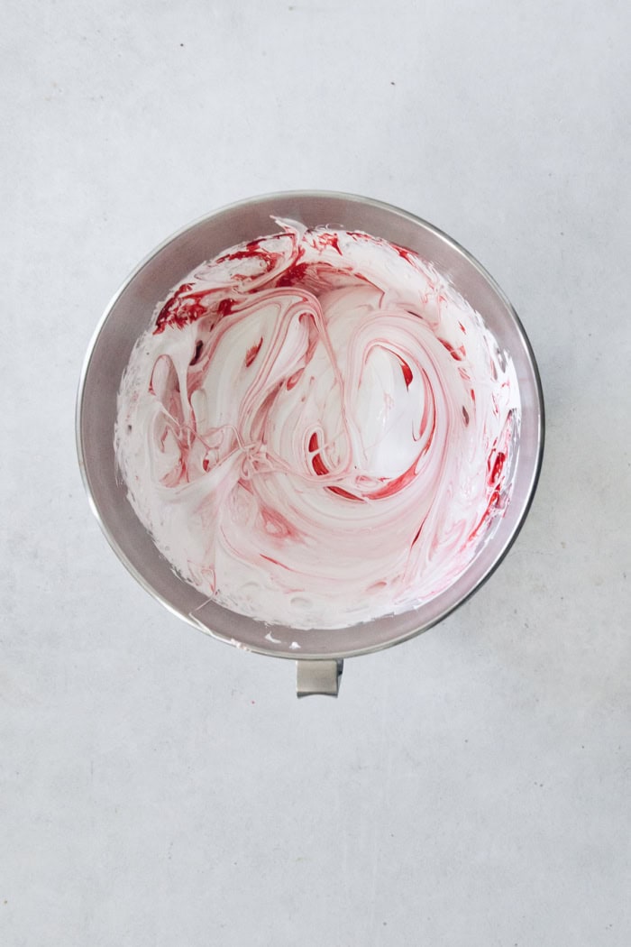 Peppermint marshmallow mixture in bowl.