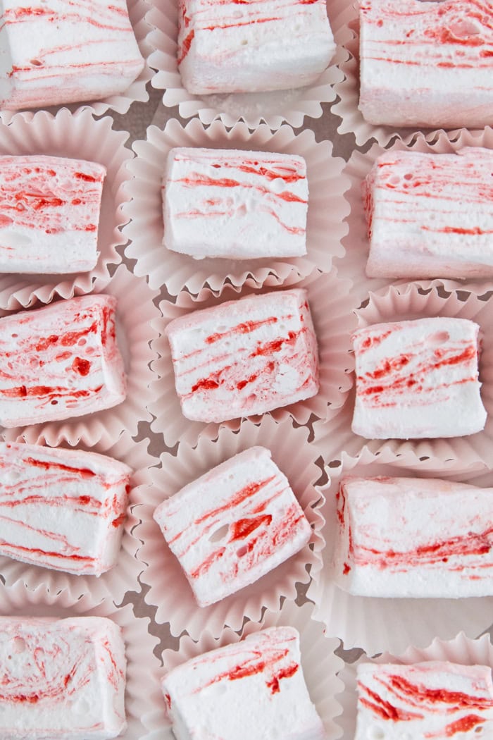 Peppermint marshmallows in cupcake wrappers.