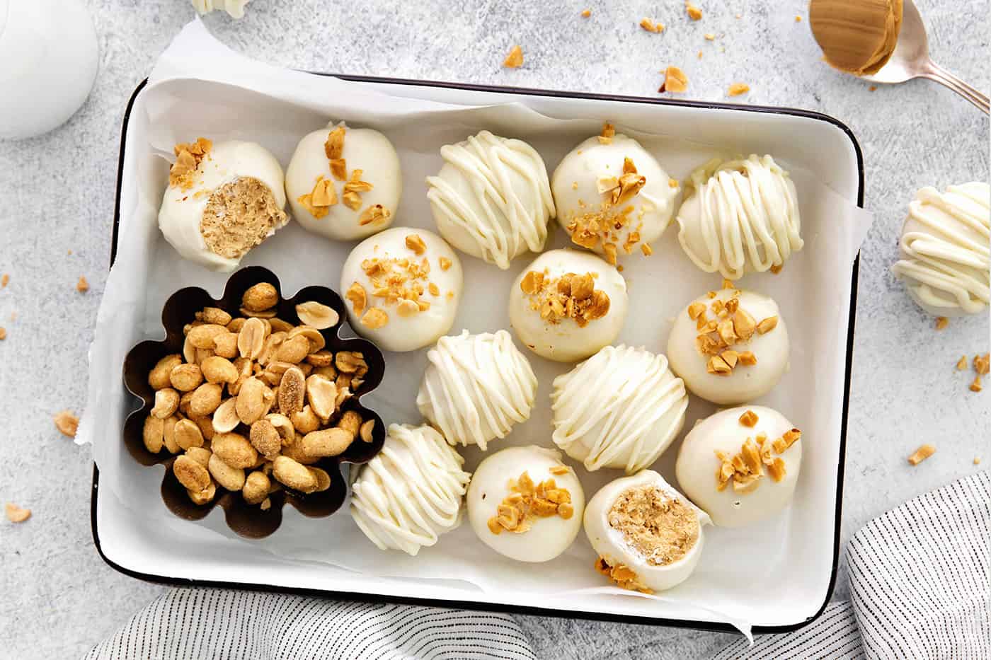 Overhead view of peanut butter balls with rice krispies