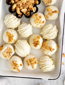 Overhead view of white chocolate peanut butter balls