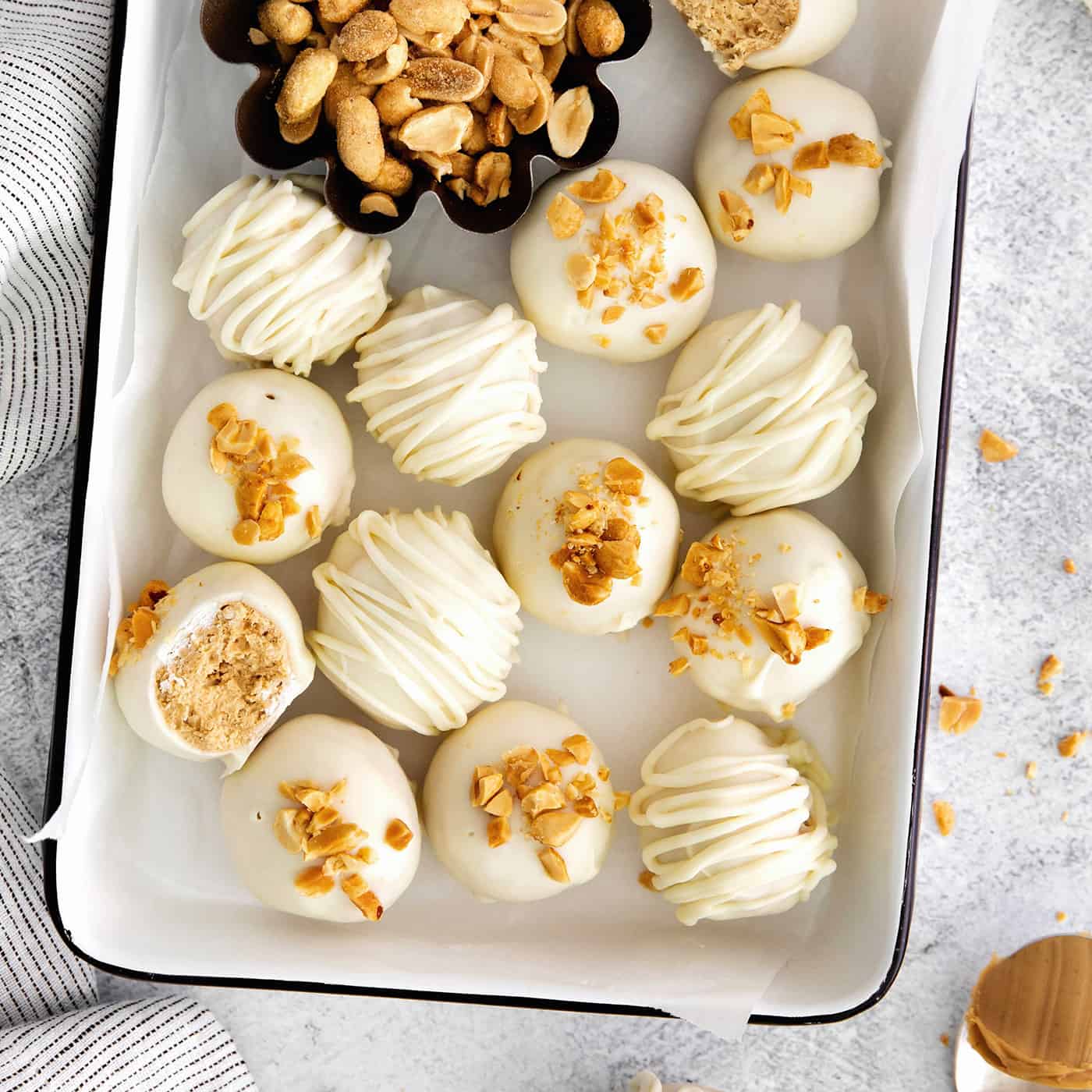 Overhead view of white chocolate peanut butter balls