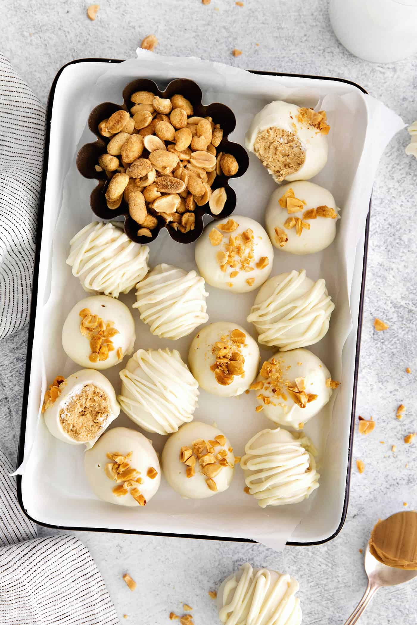 Overhead view of white chocolate peanut butter balls