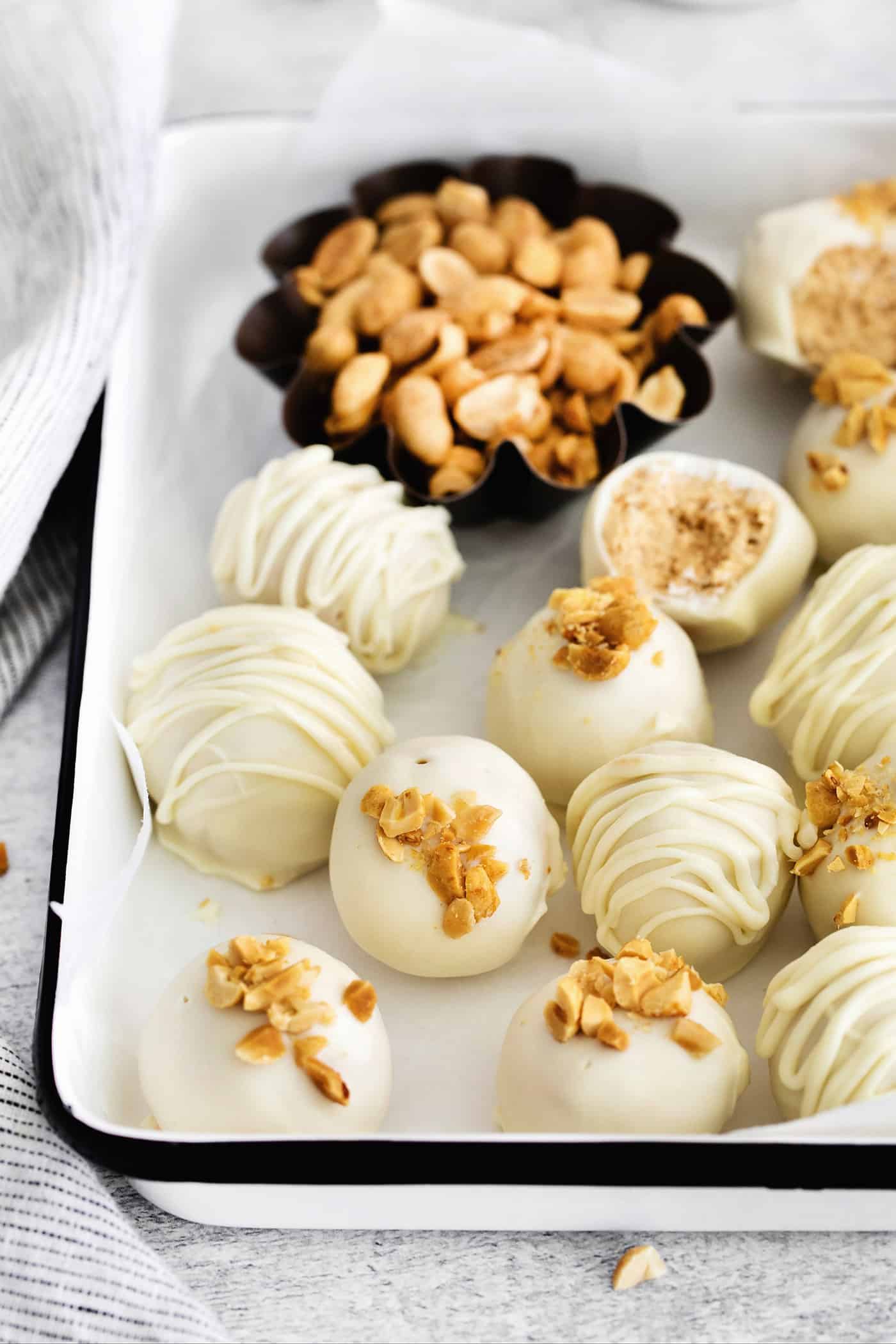 Peanut butter balls covered in white chocolate