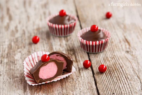 a Chocolate Cherry Candy Cup sliced in half