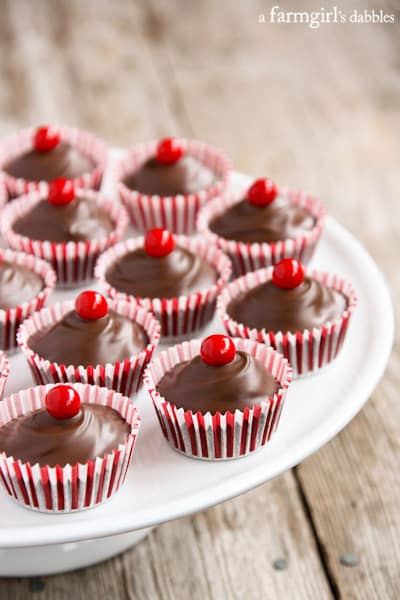 Cherry Candy Cups on a white cake stand