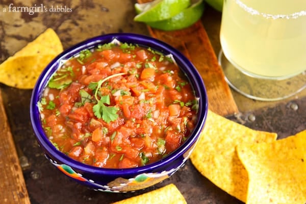 Warm Mexico Salsa served with chips and a margarita