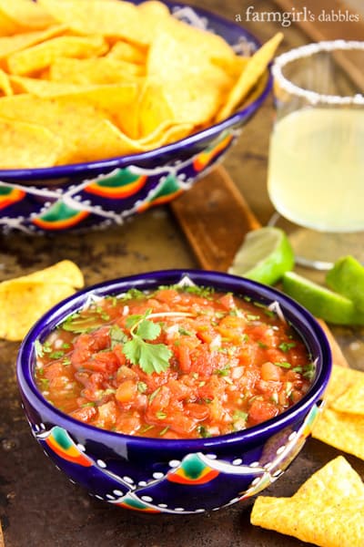 a blue painted bowl of Salsa with tortilla chips