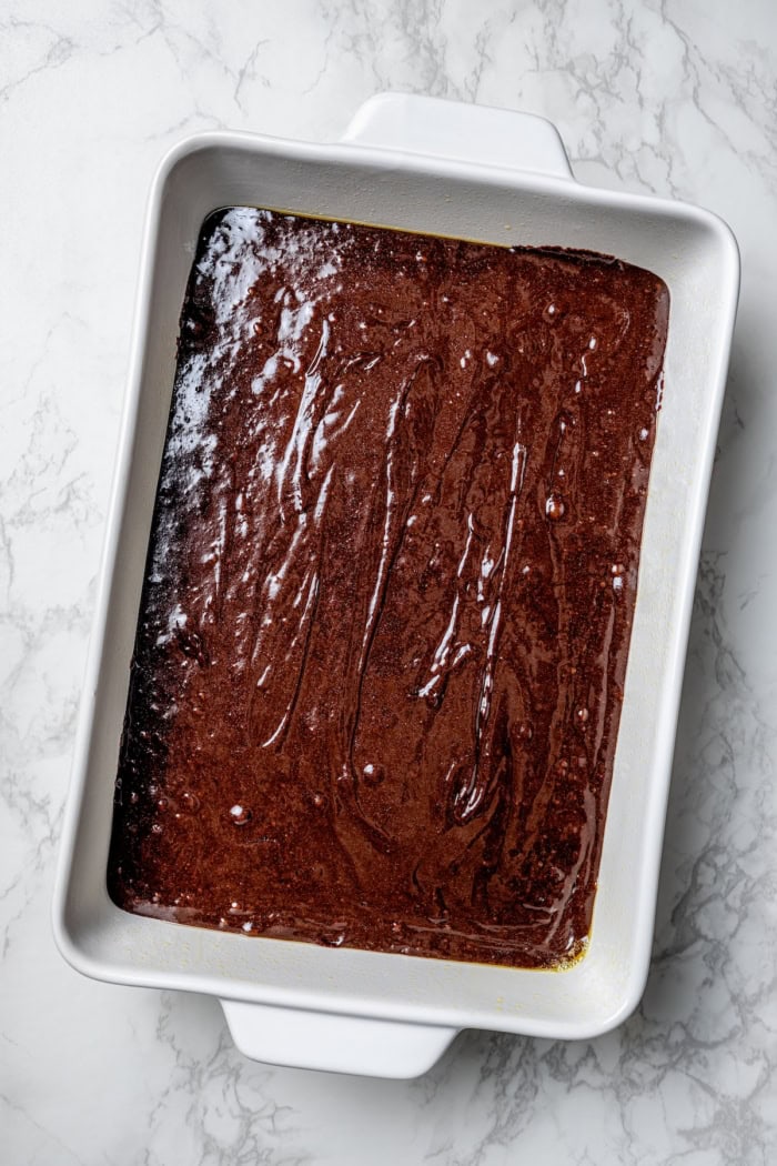 Brownie batter in pan.