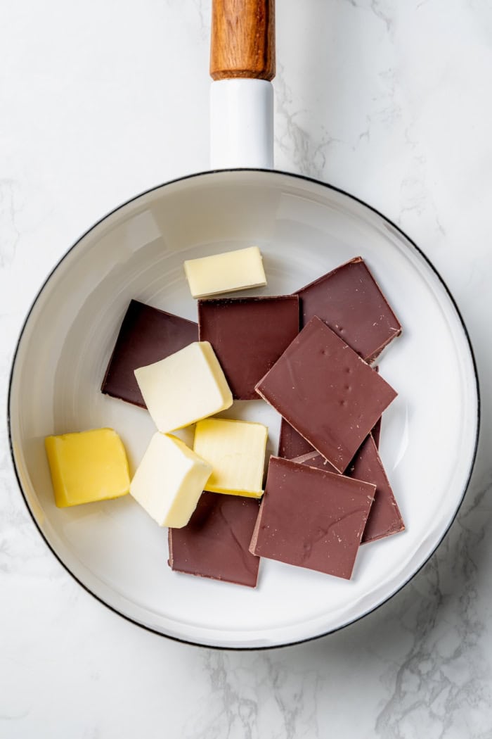 Butter and chocolate in saucepan.
