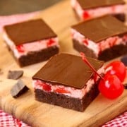 These chocolate brownies feature rich chocolate and smooth cherry cordial buttercream icing.