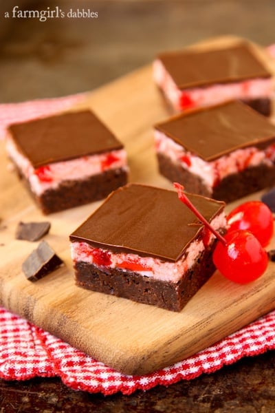 These chocolate brownies feature rich chocolate and smooth cherry cordial buttercream icing.