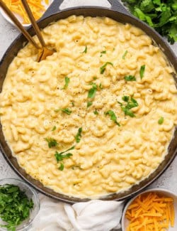 Cast iron skillet with macaroni and cheese.