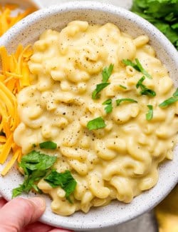 Hand holding bowl of stovetop macaroni and cheese.