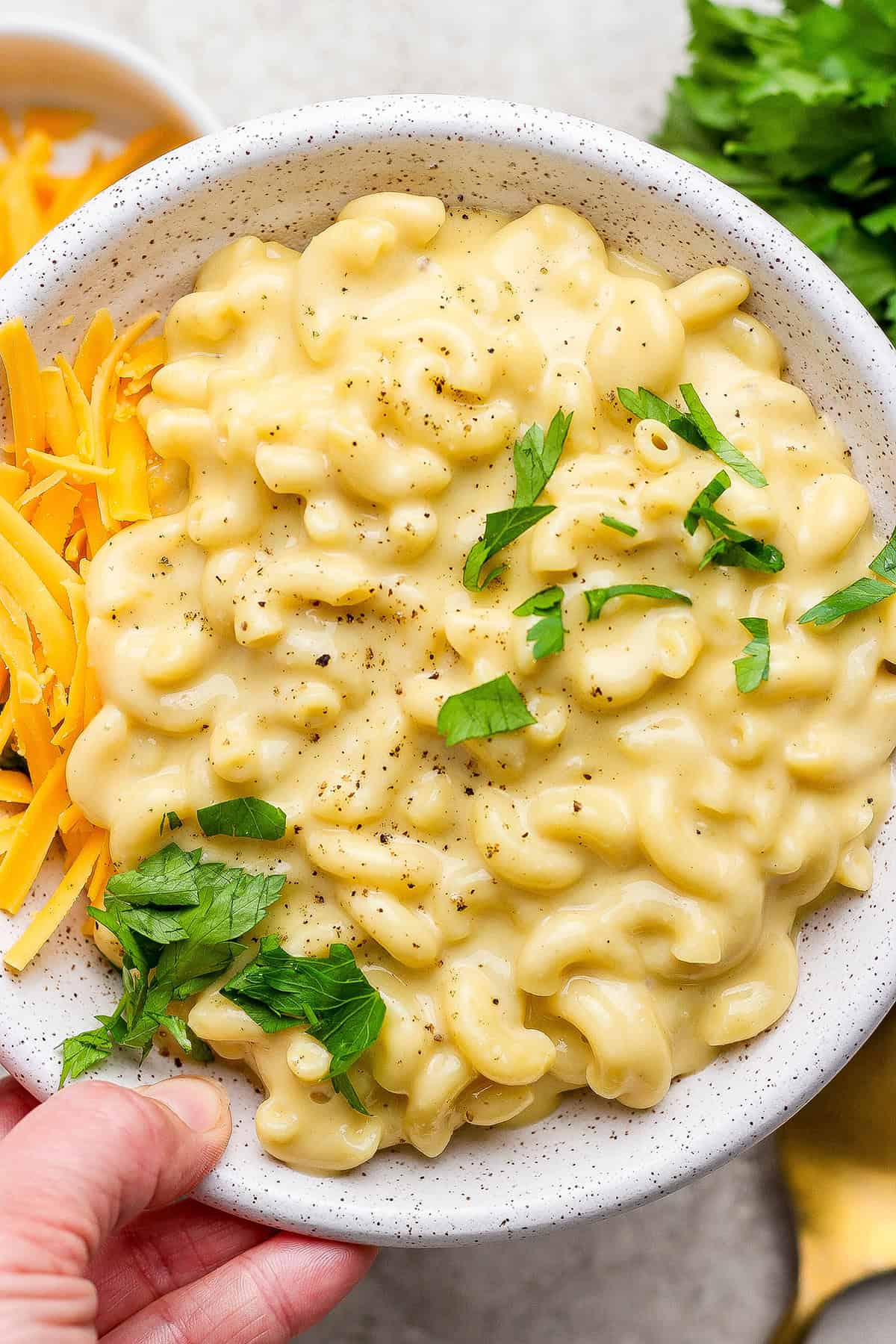 This homemade stovetop macaroni and cheese recipe is perfect for a weeknight! Ultra creamy, rich, and much quicker than the baked version. Hand holding bowl of stovetop macaroni and cheese.
