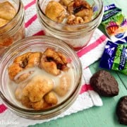 This monkey bread recipe is so easy to make, topped and filled with coconut glaze and chocolate, and served in fun mason jars.