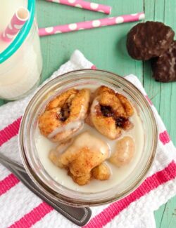 Top view of monkey bread in a jar with icing