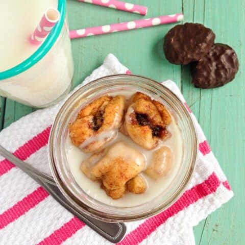 Top view of monkey bread in a jar with icing