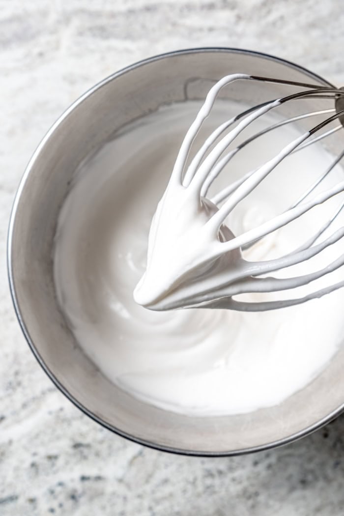Stiff peak of egg white on whisk