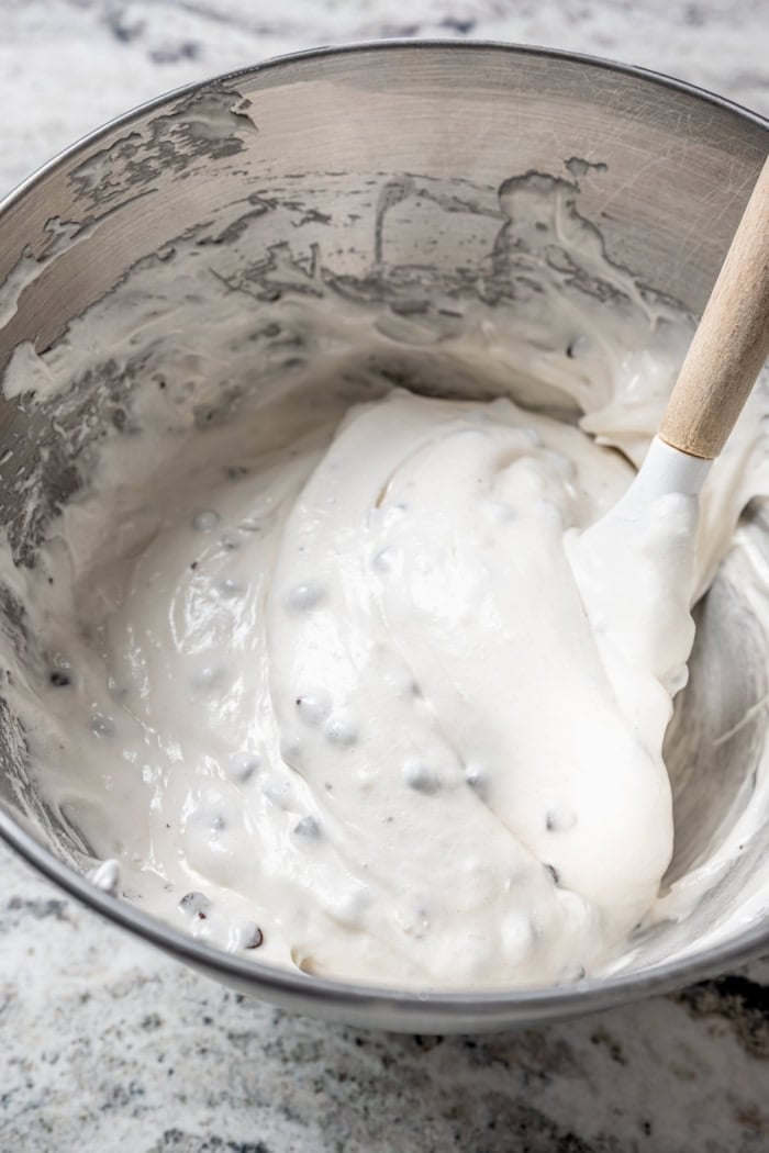 Batter for angel food cupcakes in mixing bowl