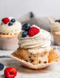 Chocolate chip angel food cupcake with paper wrapper pulled off