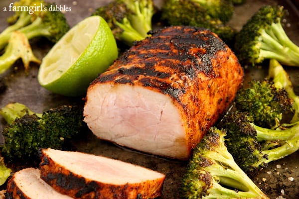 slices of Pork Tenderloin and grilled broccoli