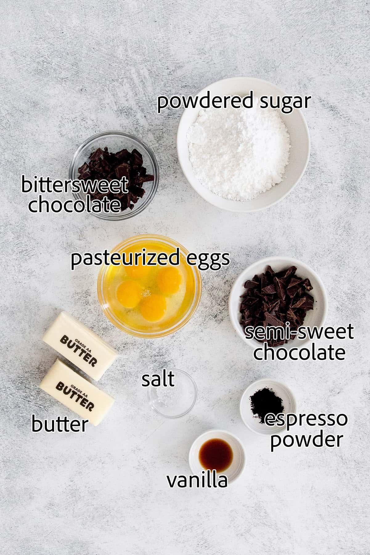 Labeled ingredients for making French silk pie.