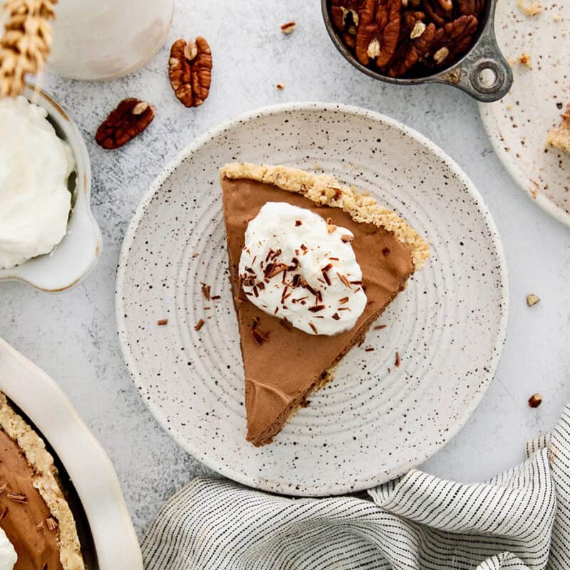 Landscape photo of chocolatey French silk pie.