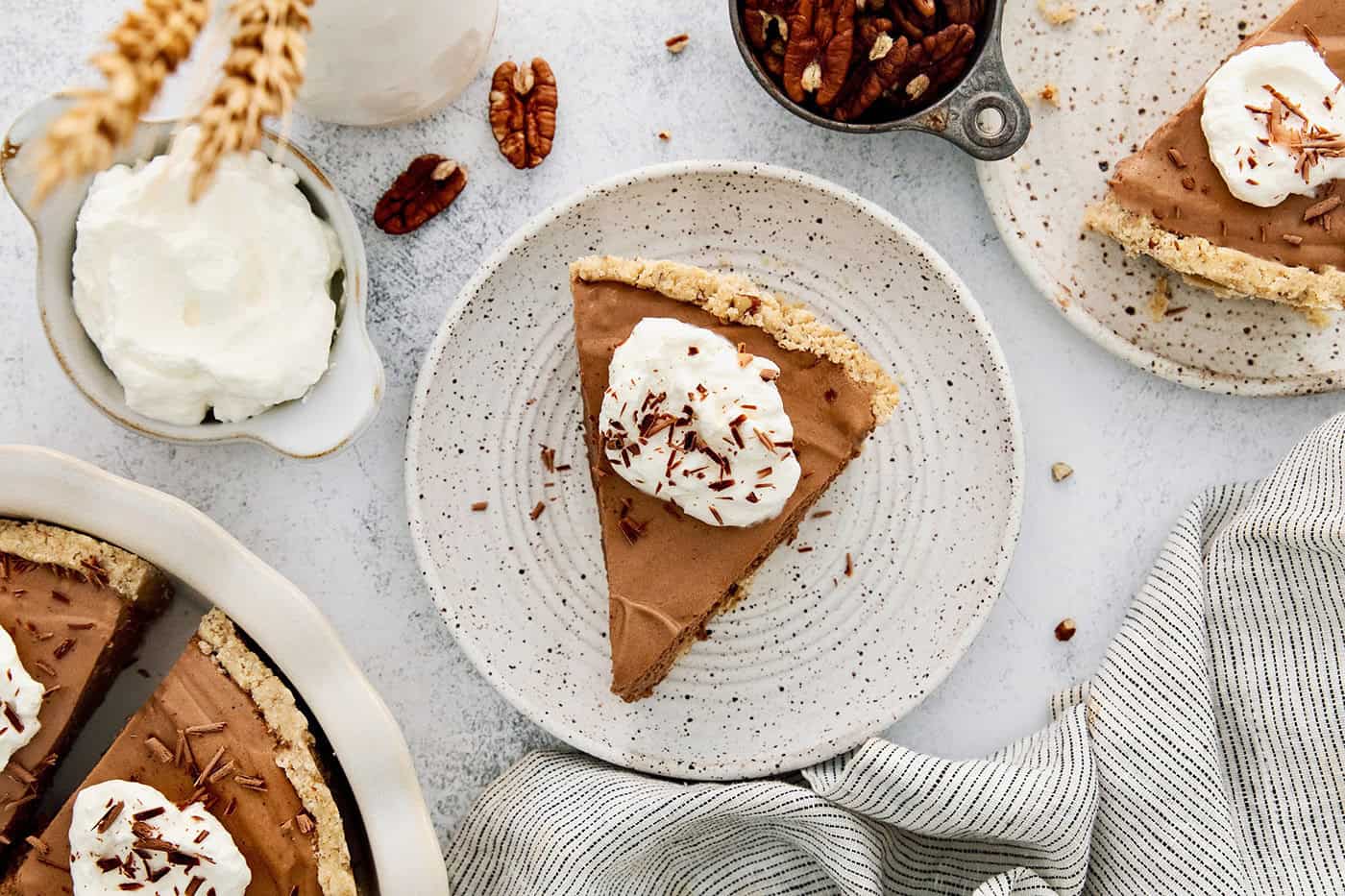 Landscape photo of chocolatey French silk pie.