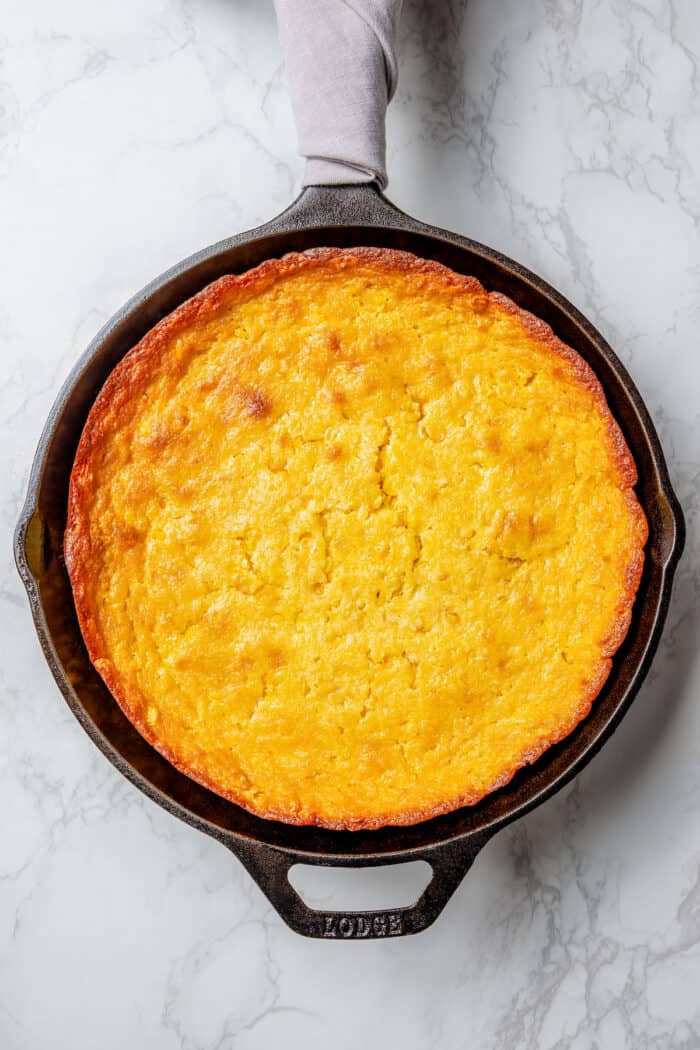 Golden, baked casserole in the skillet. 