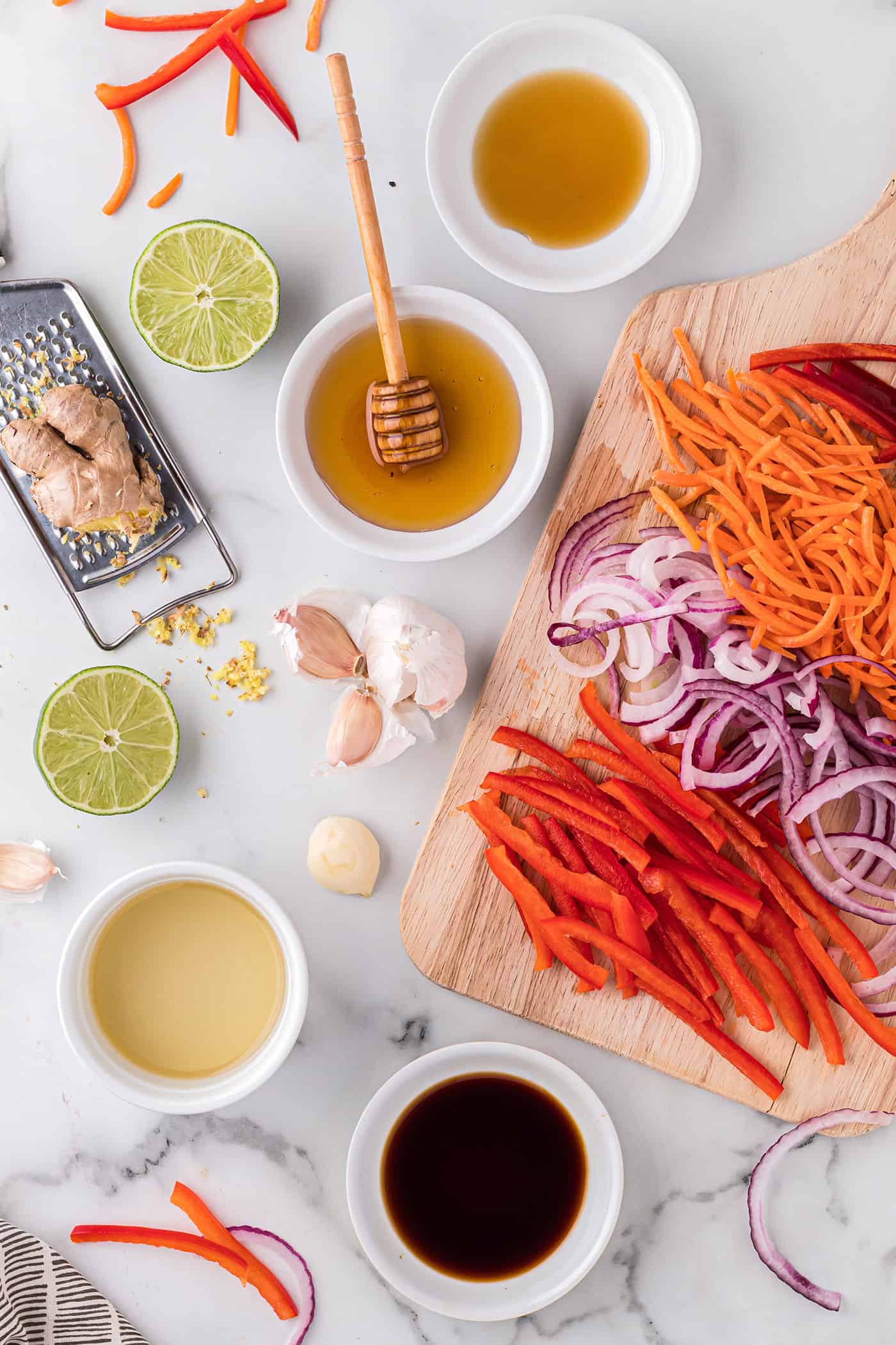 Overhead ingredients of fresh Asian slaw