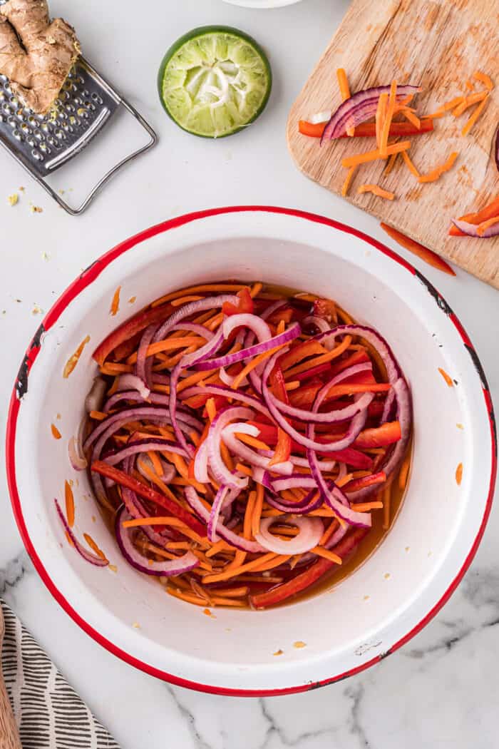 Fresh Asian slaw in a white bowl