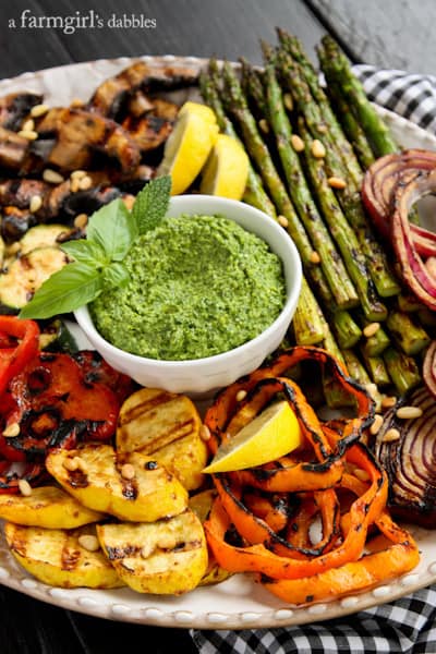 a platter of Grilled vegetables with Basil-Mint Pesto dip