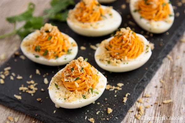 deviled eggs with toast crumb topping