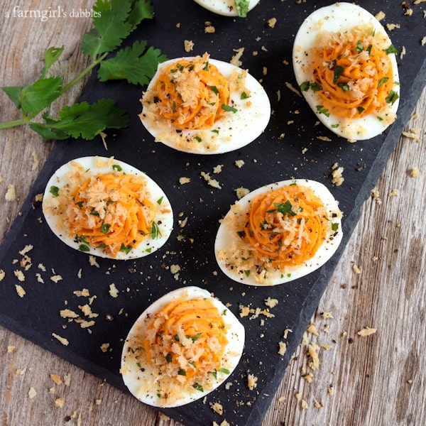 Sriracha Deviled Eggs with Garlic Toast Crumb Topping