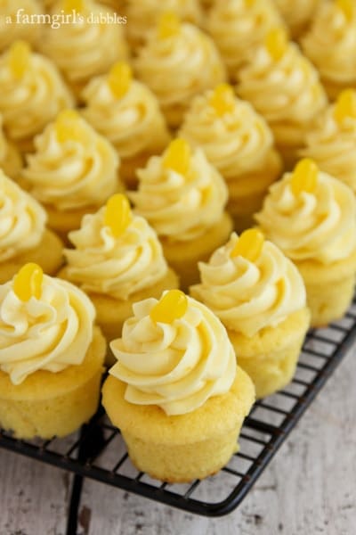 mini lemon cupcakes on a cooling rack
