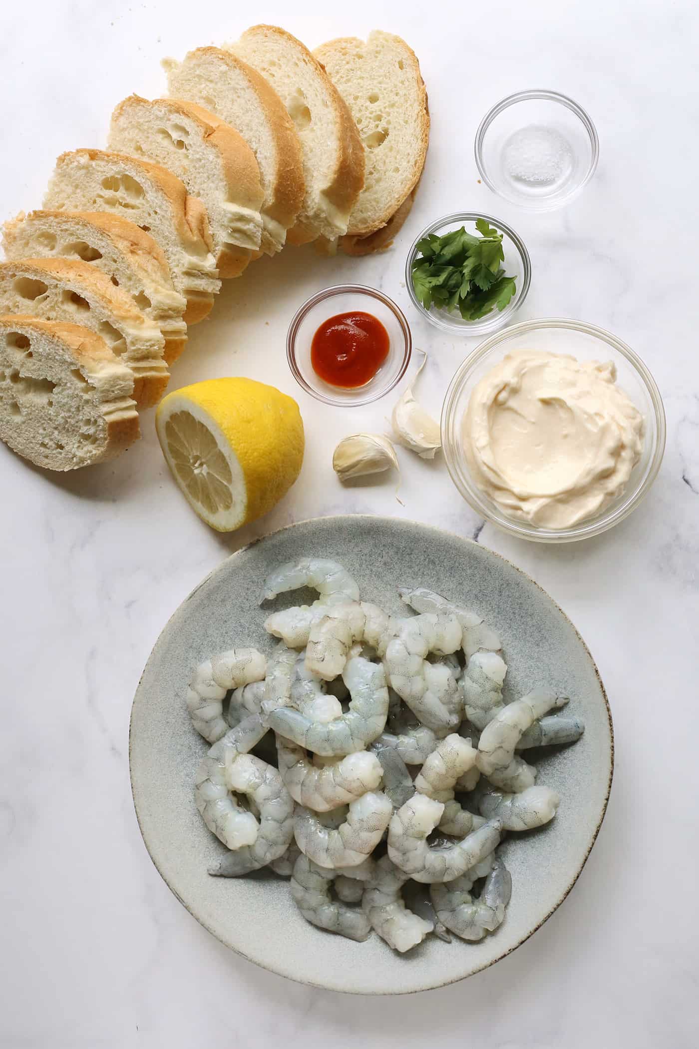 Overhead view of sriracha shrimp toast ingredients.