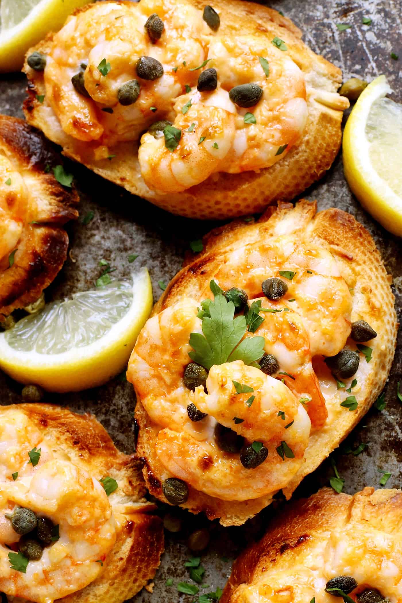 Overhead view of shrimp garlic toast.