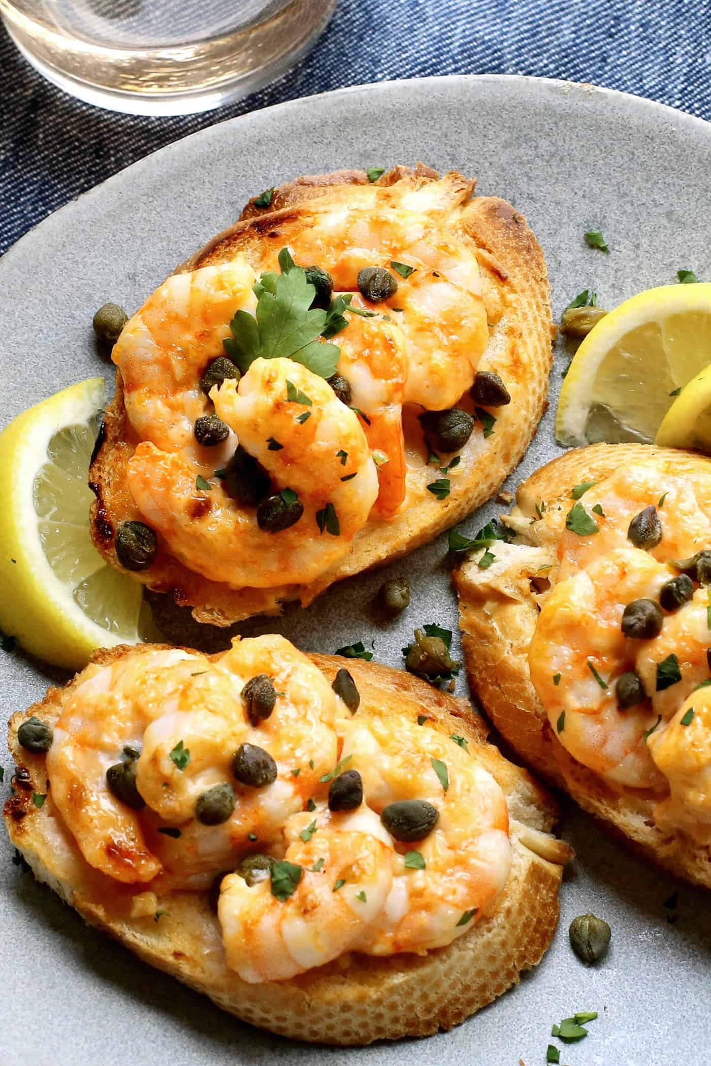 Close-up of shrimp garlic toast.