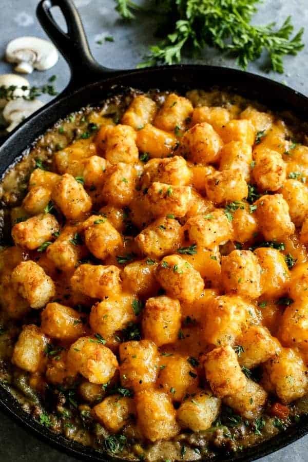 Tater Tot Hotdish in a skillet