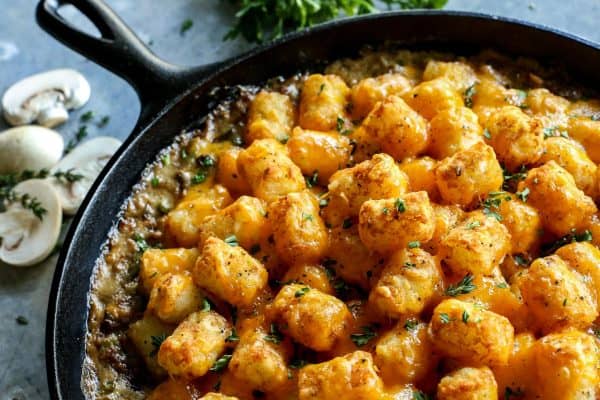 tater tot hotdish with fresh mushrooms and herbs