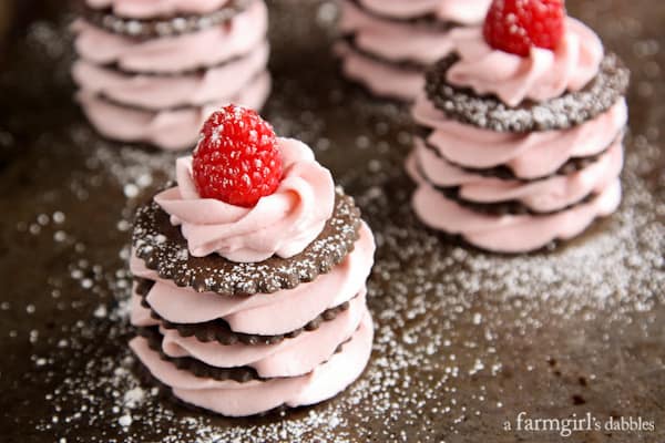 Raspberry Cream Napoleons with chocolate wafers