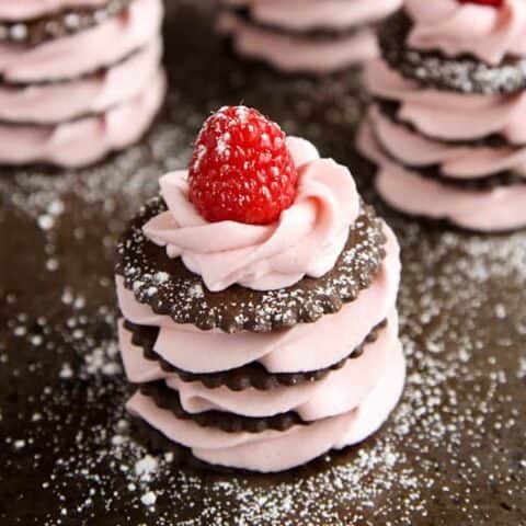 Chocolate and raspberry cream napoleon topped with a fresh raspberry