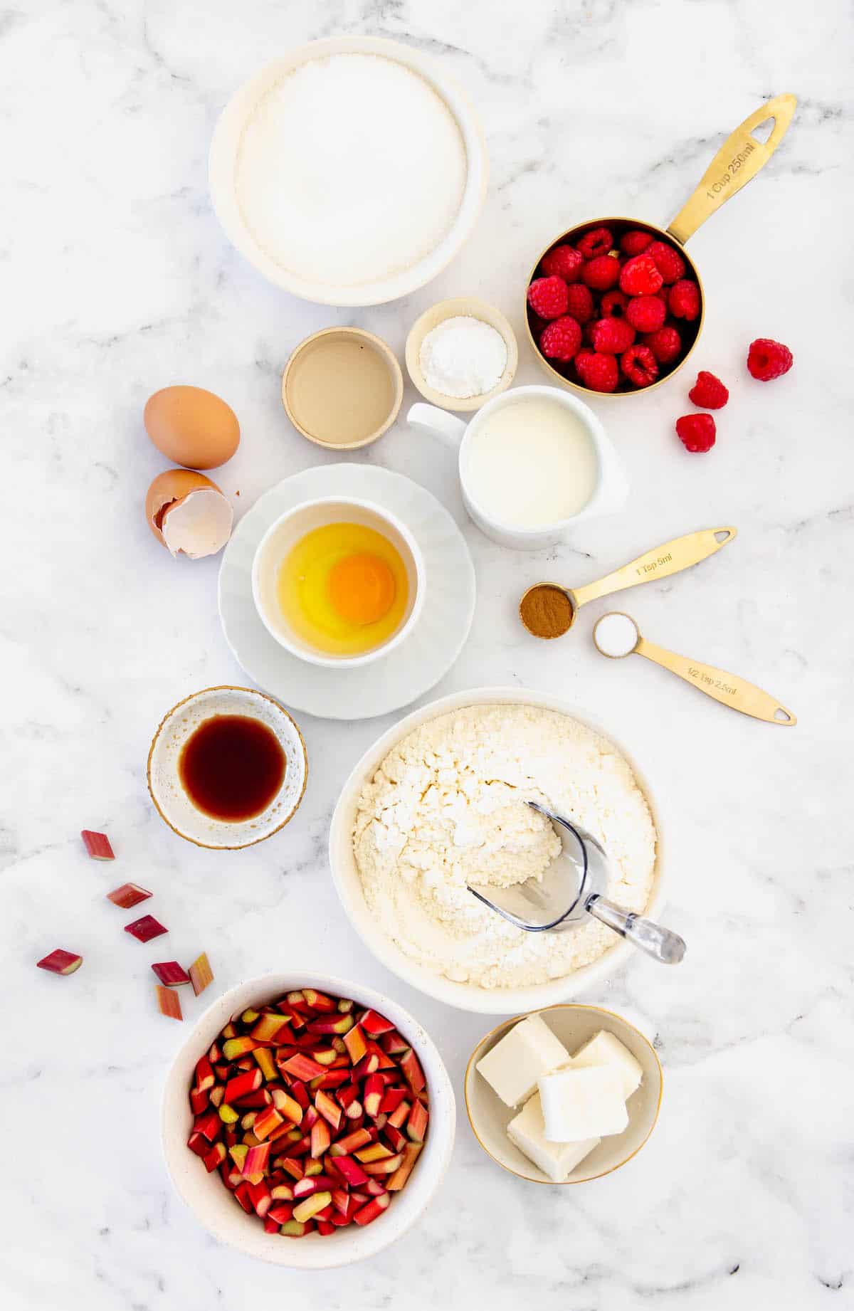 Overhead view of ingredients to make raspberry rhubarb coffee cake