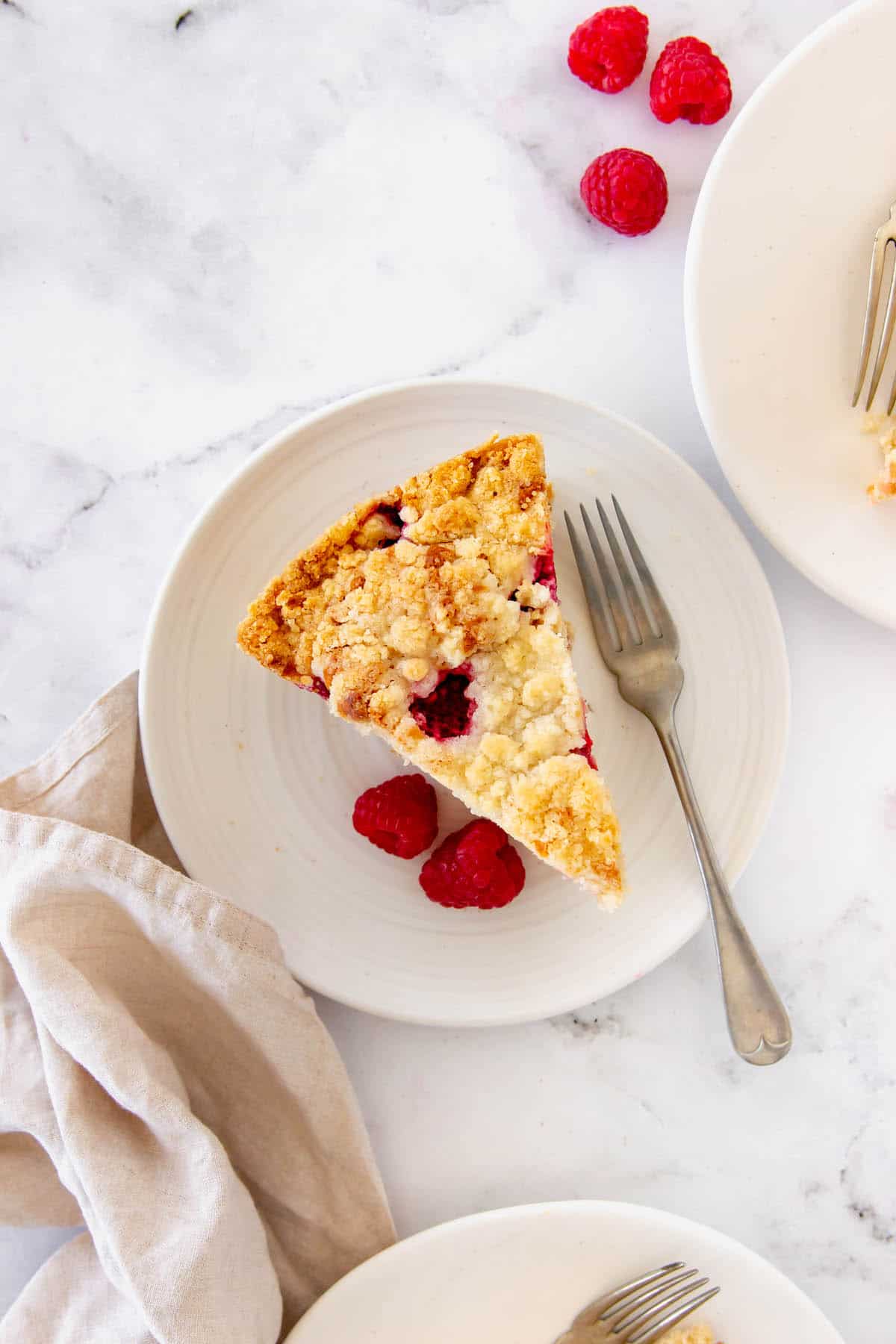 Aerial view of a slice of raspberry rhubarb coffee cake on a white plate with fresh raspberries and a fork.