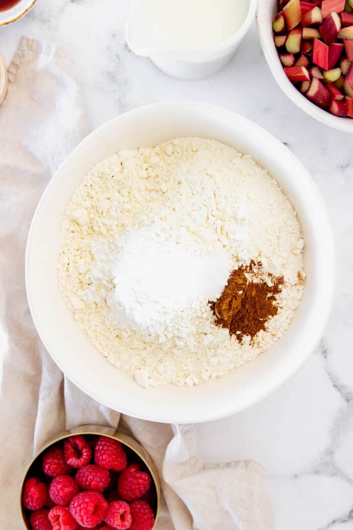 Dry ingredients for coffee cake in a mixing bowl