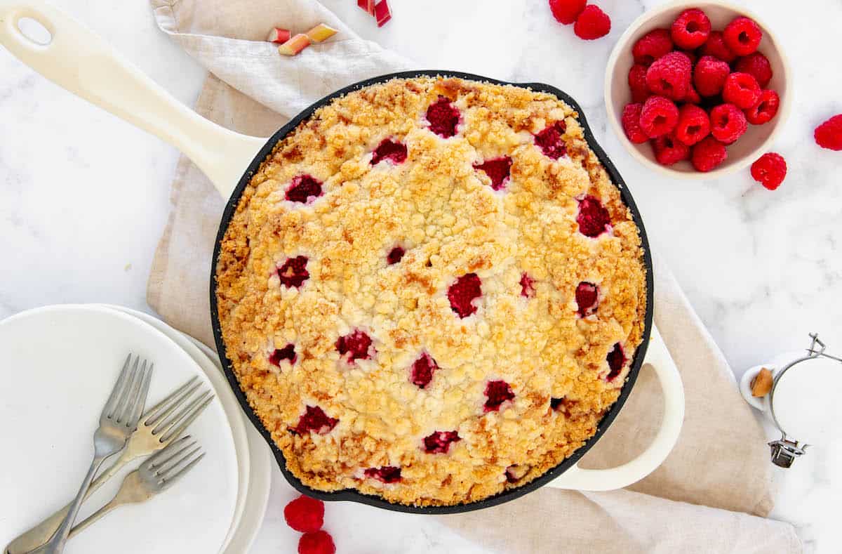 Aerial view of freshly baked raspberry rhubarb skillet coffee cake