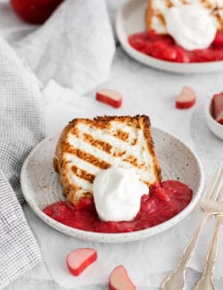 A slice of grilled angel food cake on a plate