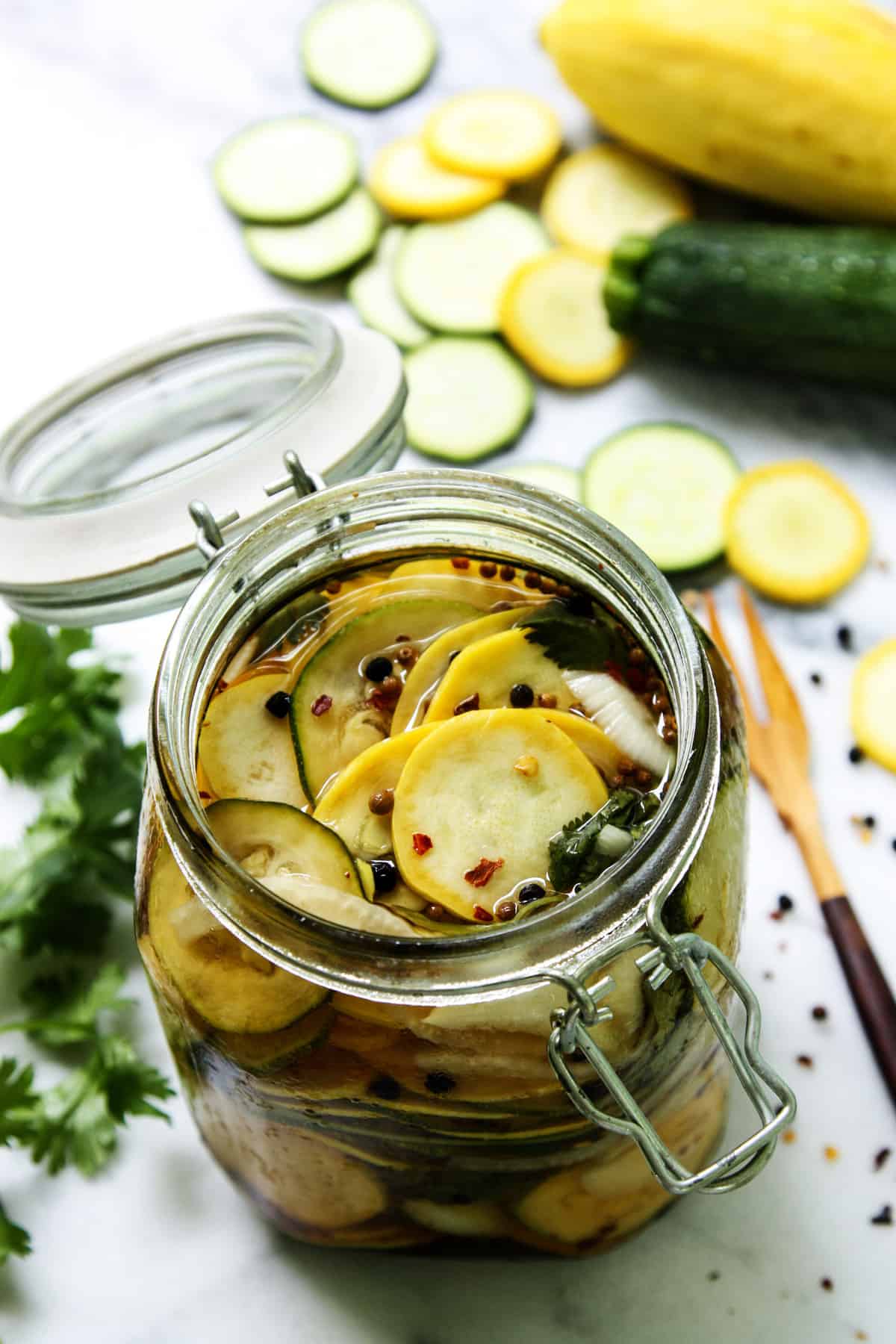 Pickled Squash in a large mason jar