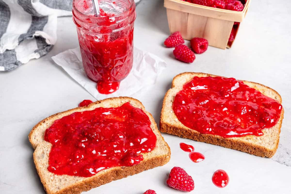 Two slices of jam with raspberry freezer jam